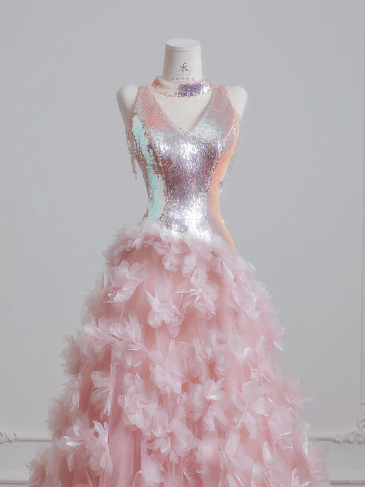 Stunning Pink V Neck A-Line Tulle Appliques Prom Dresses Formal Evening Dress with Sequins RF0555