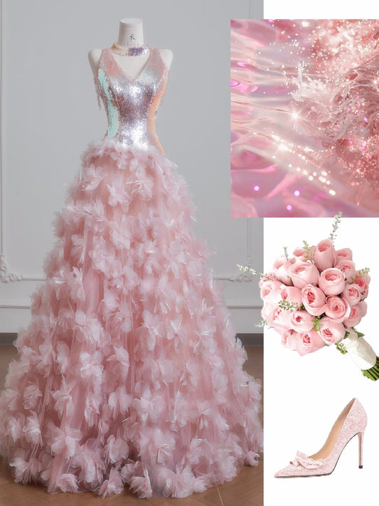 Stunning Pink V Neck A-Line Tulle Appliques Prom Dresses Formal Evening Dress with Sequins RF0555