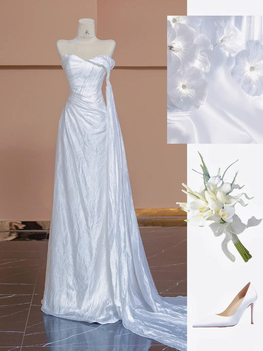 Beautiful White Strapless A-Line Chiffon Elegant Wedding Dress RF0556
