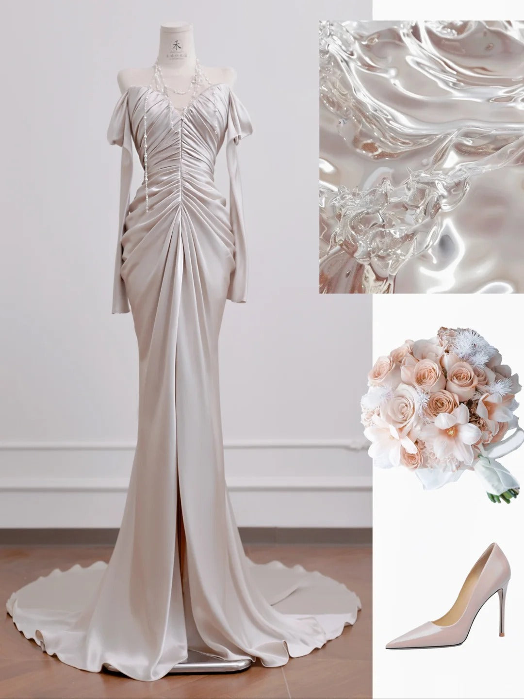Elegant Long Sleeve Off Shoulder Pleated Satin Mermaid Long Prom Dresses Formal Evening Gowns RF0557