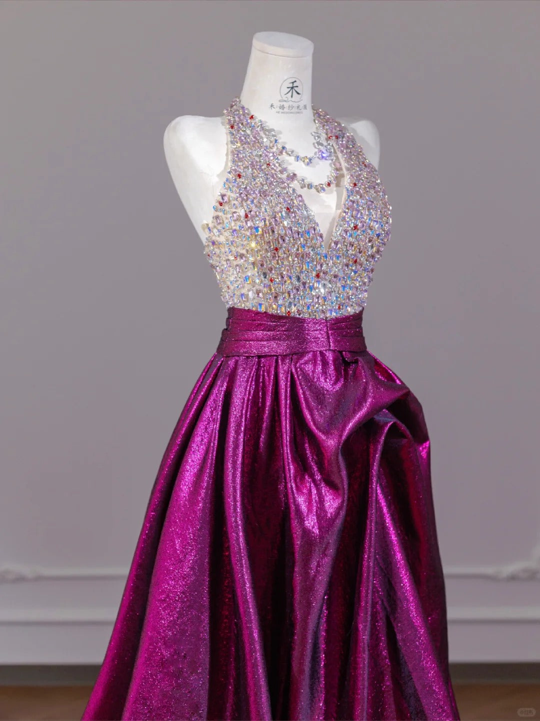 Gorgeous Fuchsia V-Neck A-Line Satin with Rhinestone Long Prom Dresses Formal Evening Gowns RF0561