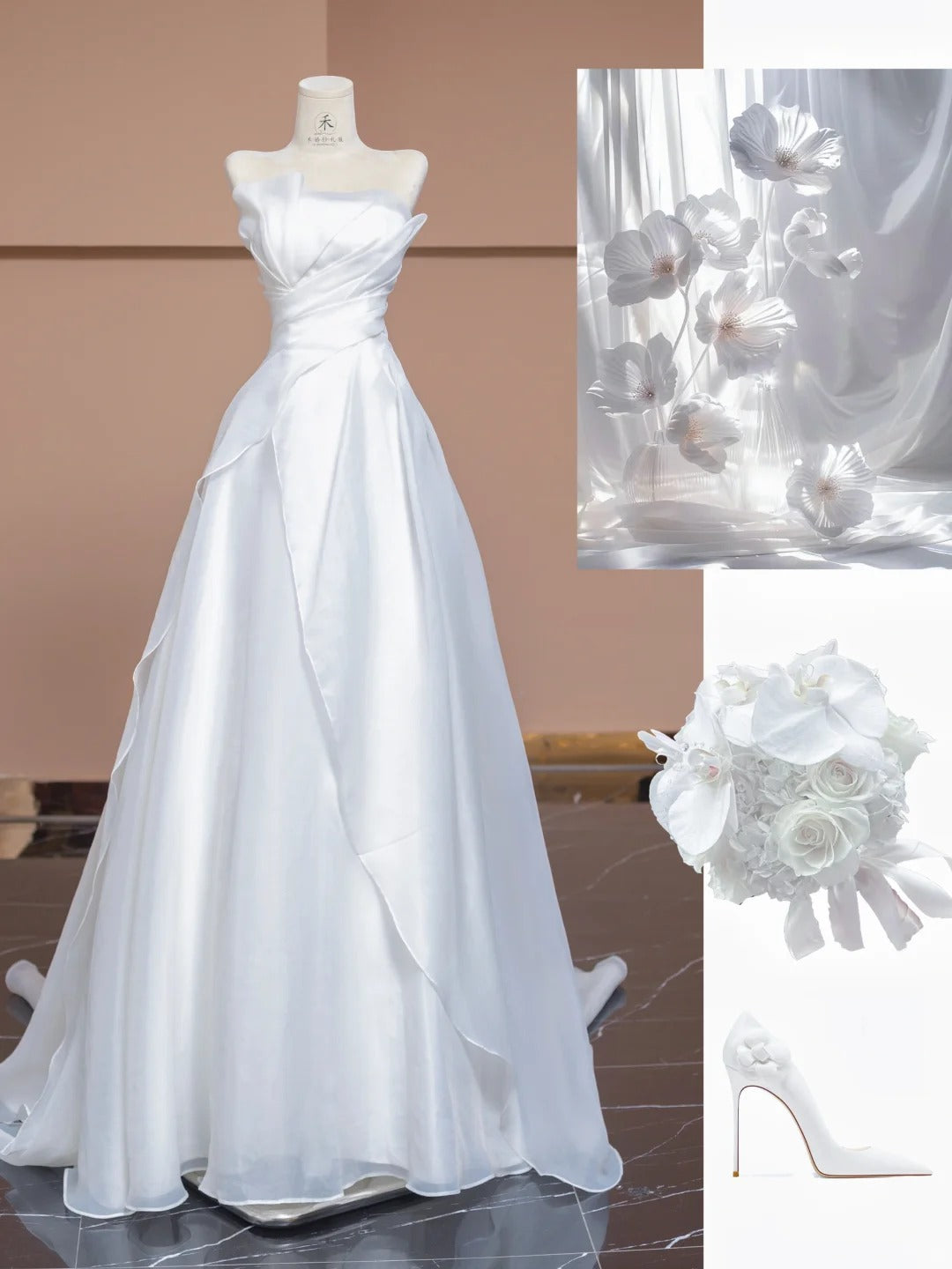 Robe de mariée élégante en tulle blanc, coupe trapèze, sans bretelles, traîne, RF0562