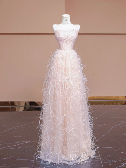 Sweet Blush Pink Tulle  Sequined A-Line Strapless Train Wedding Dress Formal Evening Gowns RF0563