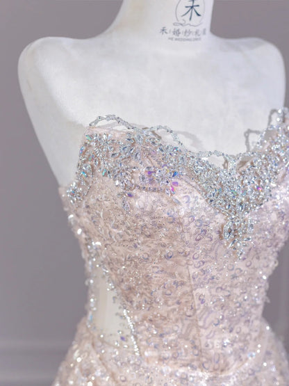 Gorgeous Light Pink Tulle Sequin Mermaid Strapless Wedding Dress Sweet 16 Evening Gowns RF0564