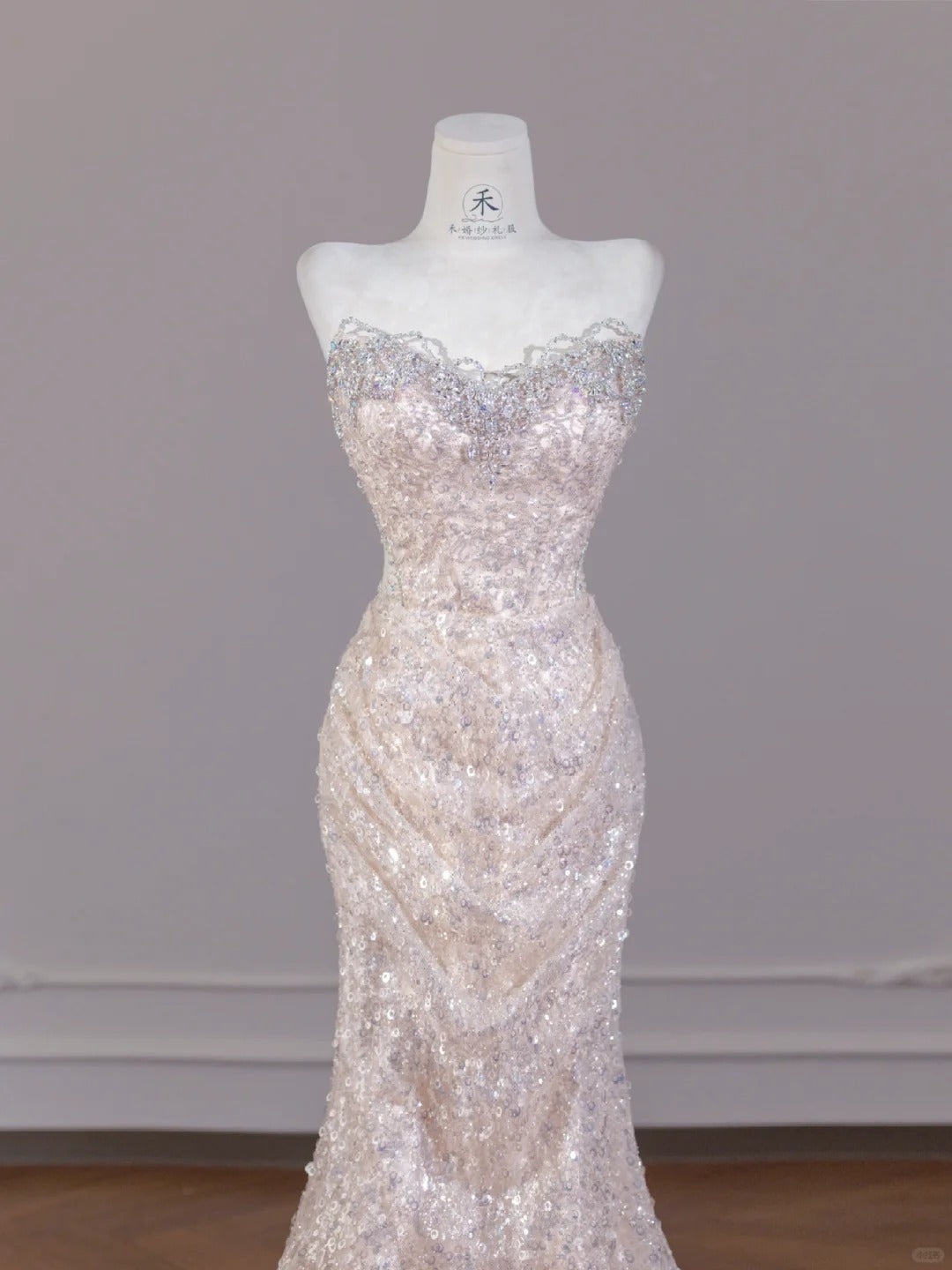 Gorgeous Light Pink Tulle Sequin Mermaid Strapless Wedding Dress Sweet 16 Evening Gowns RF0564