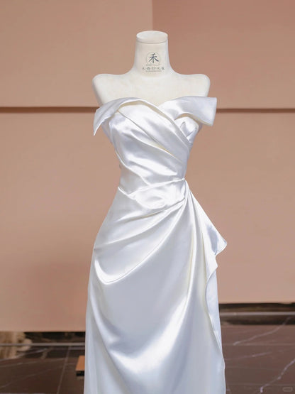 Elegant White Mermaid Strapless Satin Wedding Dress Simple Evening Dress RF0565