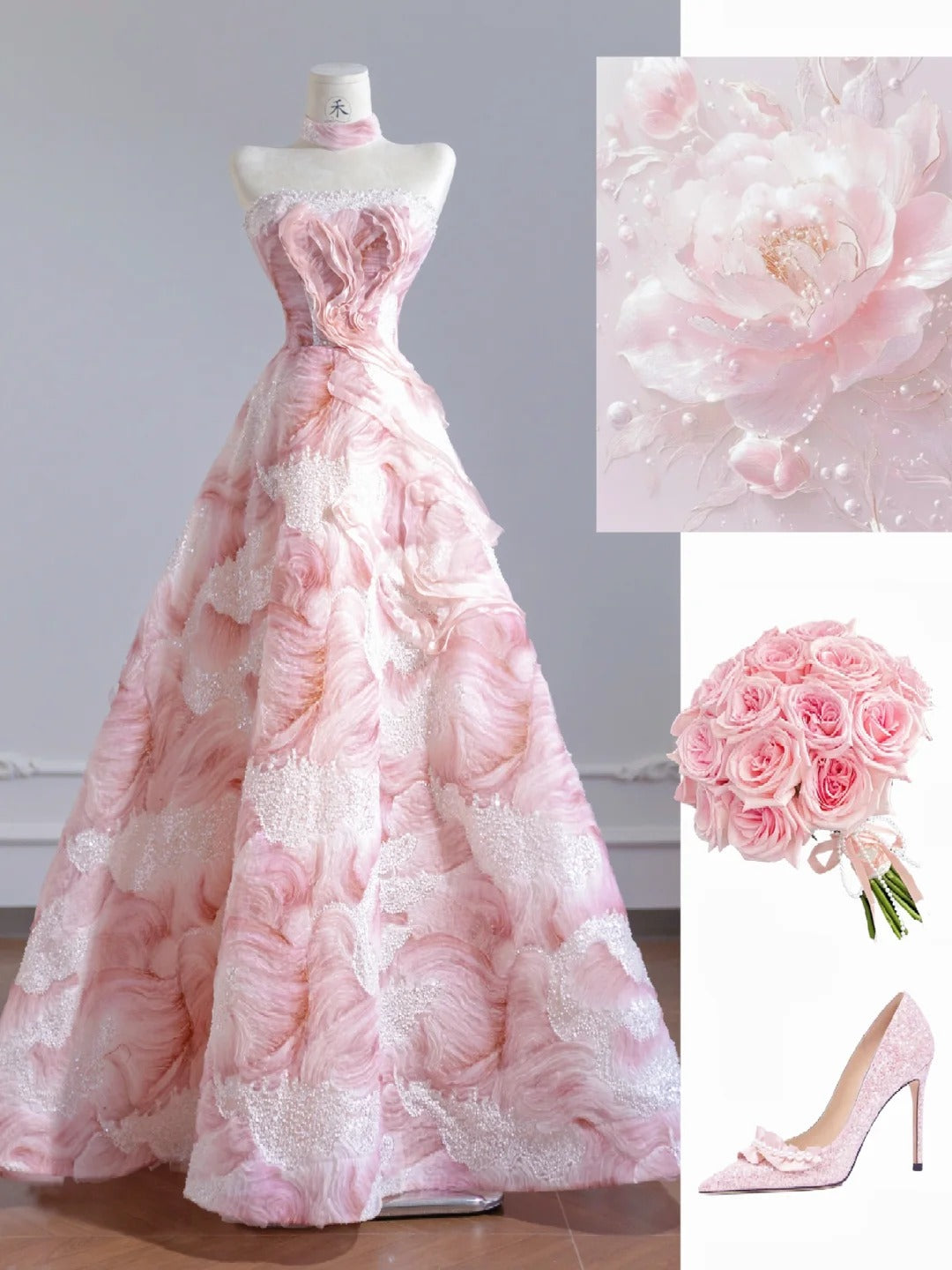 Robe de soirée princesse rose bustier en tulle avec appliques et perles, RF0566