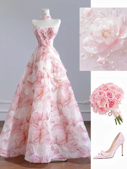 Robe de soirée princesse rose bustier en tulle avec appliques et perles, RF0566