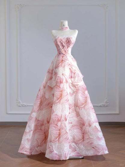 Robe de soirée princesse rose bustier en tulle avec appliques et perles, RF0566