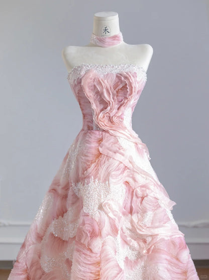 Robe de soirée princesse rose bustier en tulle avec appliques et perles, RF0566