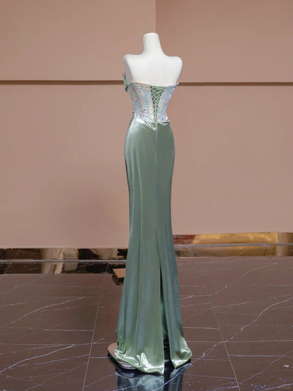 Elegant Green Strapless Mermaid Satin Applique Prom Dresses Formal Evening Dress RF0567