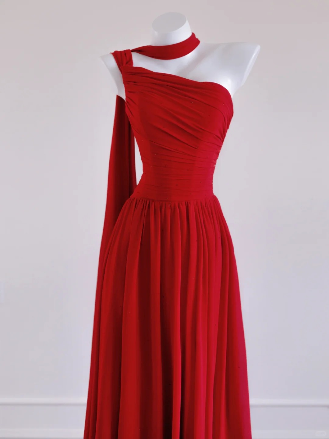 Glam Red One Shoulder A-Line Chiffon Long Prom Dresses Formal Evening Dresses RF0568
