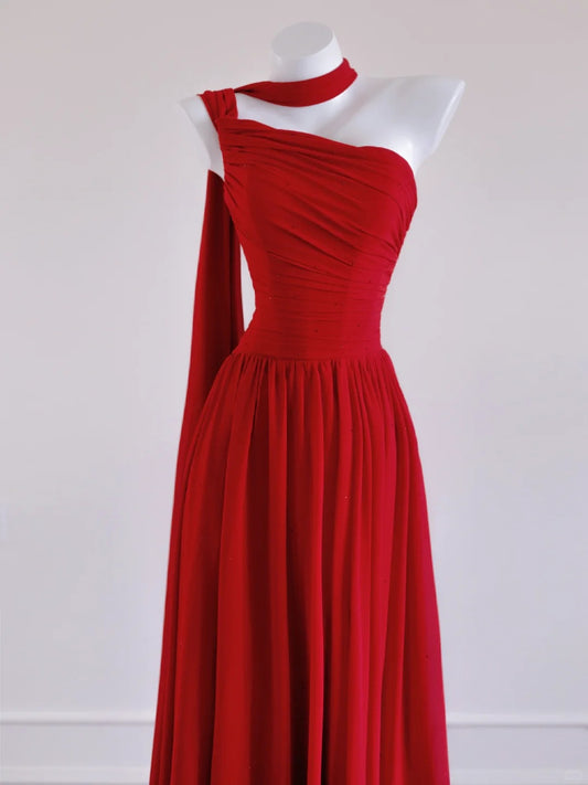 Glam Red One Shoulder A-Line Chiffon Long Prom Dresses Formal Evening Dresses RF0568