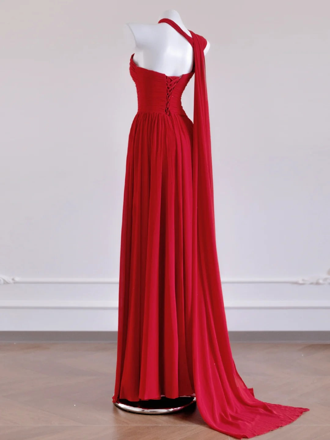 Glam Red One Shoulder A-Line Chiffon Long Prom Dresses Formal Evening Dresses RF0568