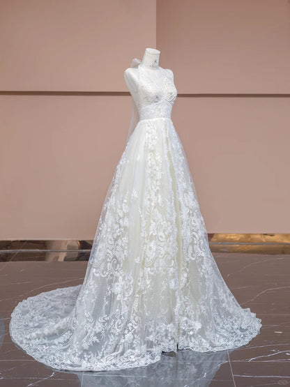 Elegant White V-neck Lace Applique A-Line Wedding Dress with Train RF0569