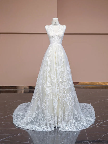 Elegant White V-neck Lace Applique A-Line Wedding Dress with Train RF0569