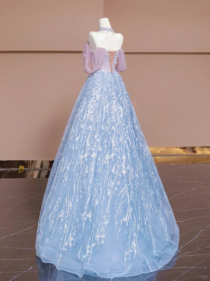 Gorgeous Pink Purple Off Shoulder Tulle A-Line Beaded Sequins Long Prom Dresses Sweet 16 Evening Dress RF0570