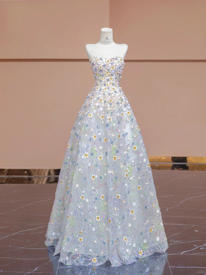 Fairytale White Strapless A-Line Applique Tulle Wedding Dress Sweet 16 Evening Gowns RF0571