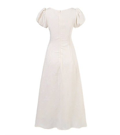 French Style White Square Neck Short Sleeve A-Line Dress RF0572