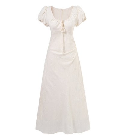 French Style White Square Neck Short Sleeve A-Line Dress RF0572