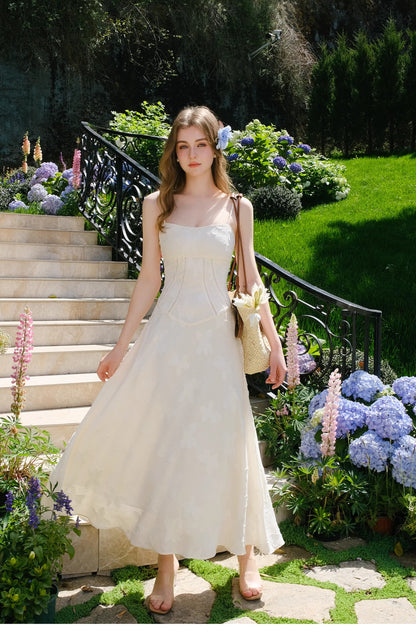 Robe trapèze blanche à bretelles spaghetti en mousseline de soie, tenue d'été tendance pour fête d'anniversaire, RF0573