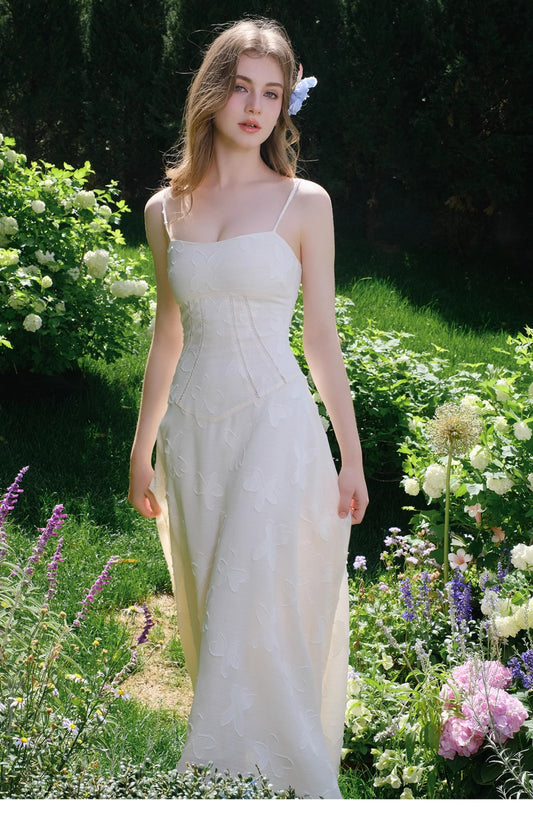 French White Spaghetti Straps Chiffon A-Line Summer Fashion Birthday Party Dress RF0573