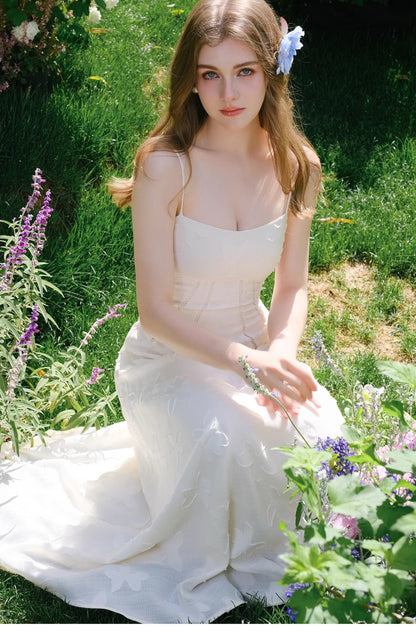 Robe trapèze blanche à bretelles spaghetti en mousseline de soie, tenue d'été tendance pour fête d'anniversaire, RF0573