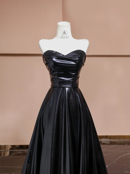 Elegant Black Strapless Satin A-Line Long Prom Dresses Formal Evening Gowns RF0574