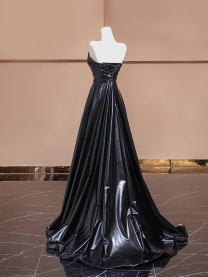 Elegant Black Strapless Satin A-Line Long Prom Dresses Formal Evening Gowns RF0574