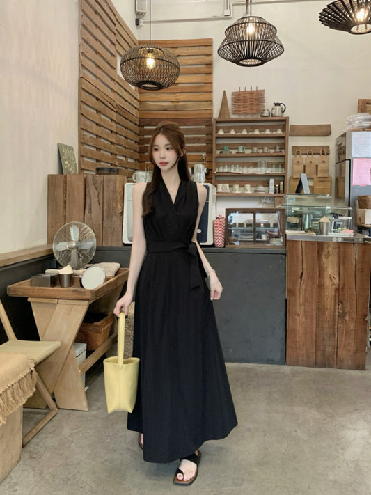 French Black Gentle V-neck A-line Summer Dress RF0577