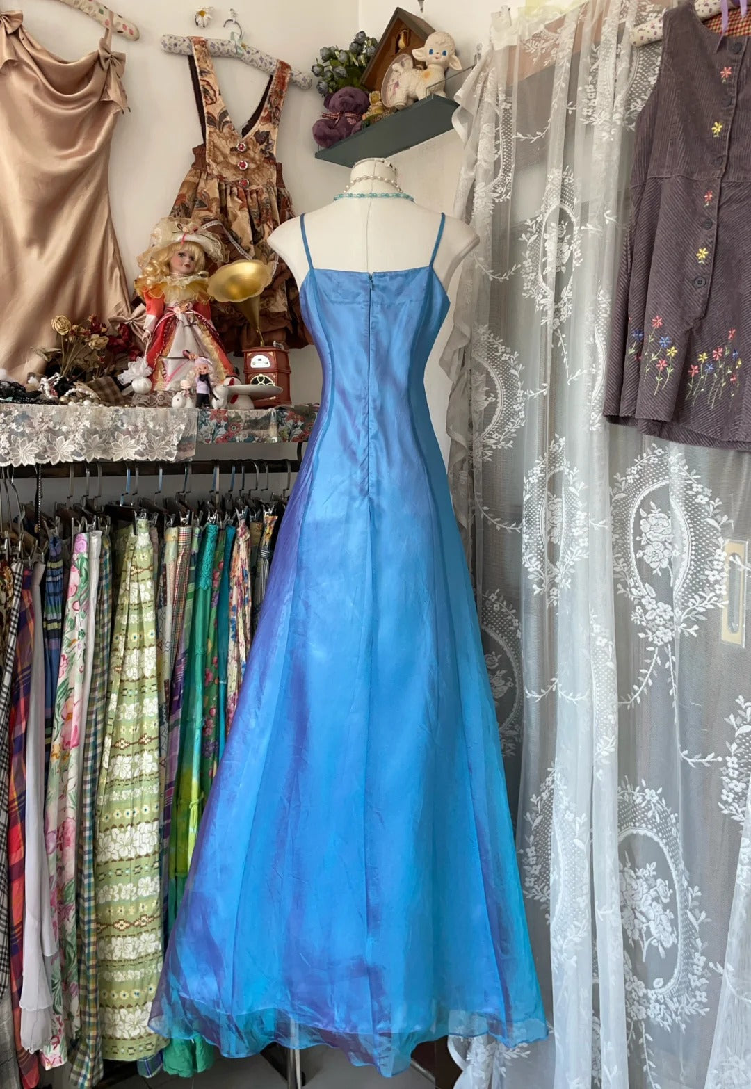 Elegantes blaues A-Linien-Abendkleid mit quadratischem Ausschnitt und Tüll-Partykleider RF0578