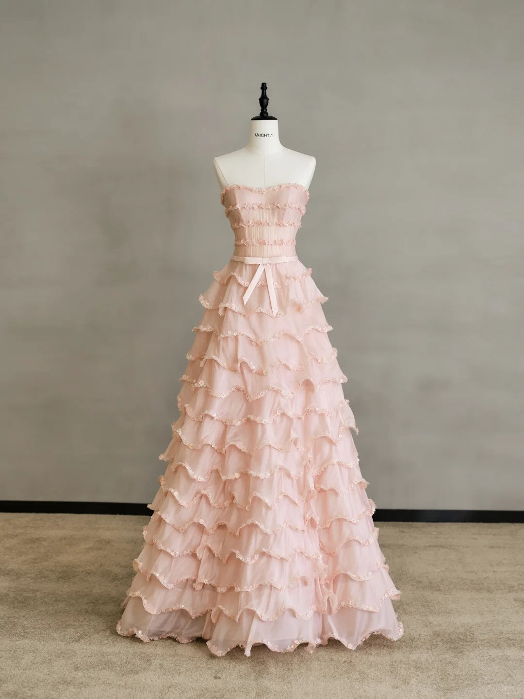 Sweet Pink Strapless A-Line Tulle Sequined Evening Gown RF0579