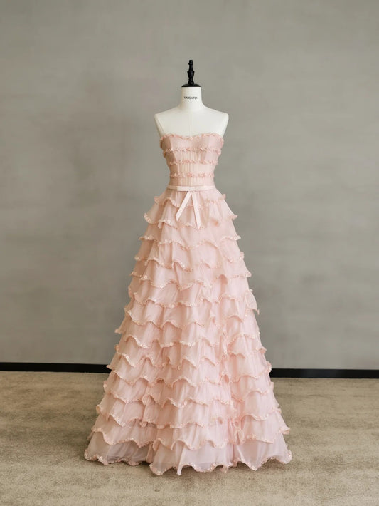 Sweet Pink Strapless A-Line Tulle Sequined Evening Gown RF0579