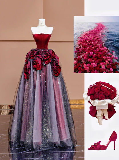 Superbe robe de bal longue en tulle et velours bordeaux, sans bretelles, coupe trapèze, robe de mariée unique RF0580