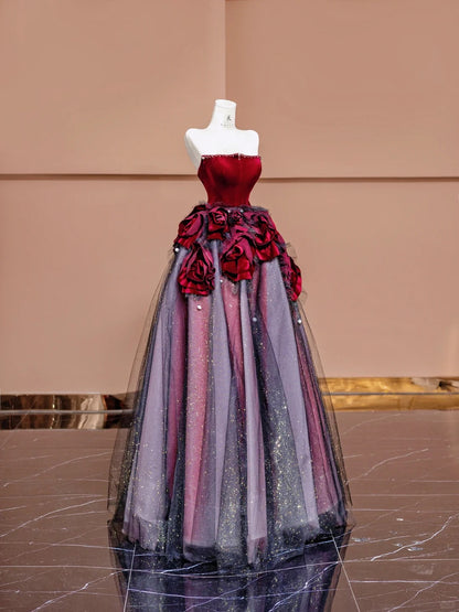Superbe robe de bal longue en tulle et velours bordeaux, sans bretelles, coupe trapèze, robe de mariée unique RF0580