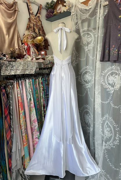 Elegant White Halter Neck Sheath Satin Party Dresses Formal Evening Dresses RF0583
