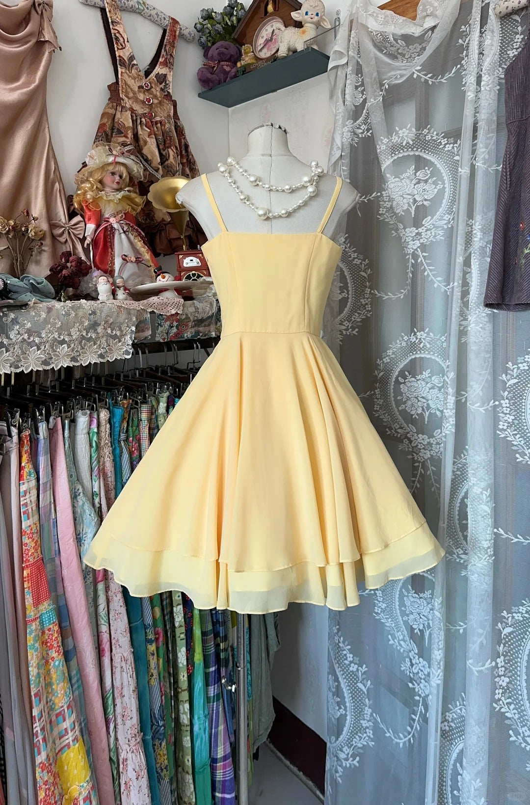 Glam Butter Yellow Spaghetti Strap Chiffon A-Line Evening Gown Homecoming Dress RF0584