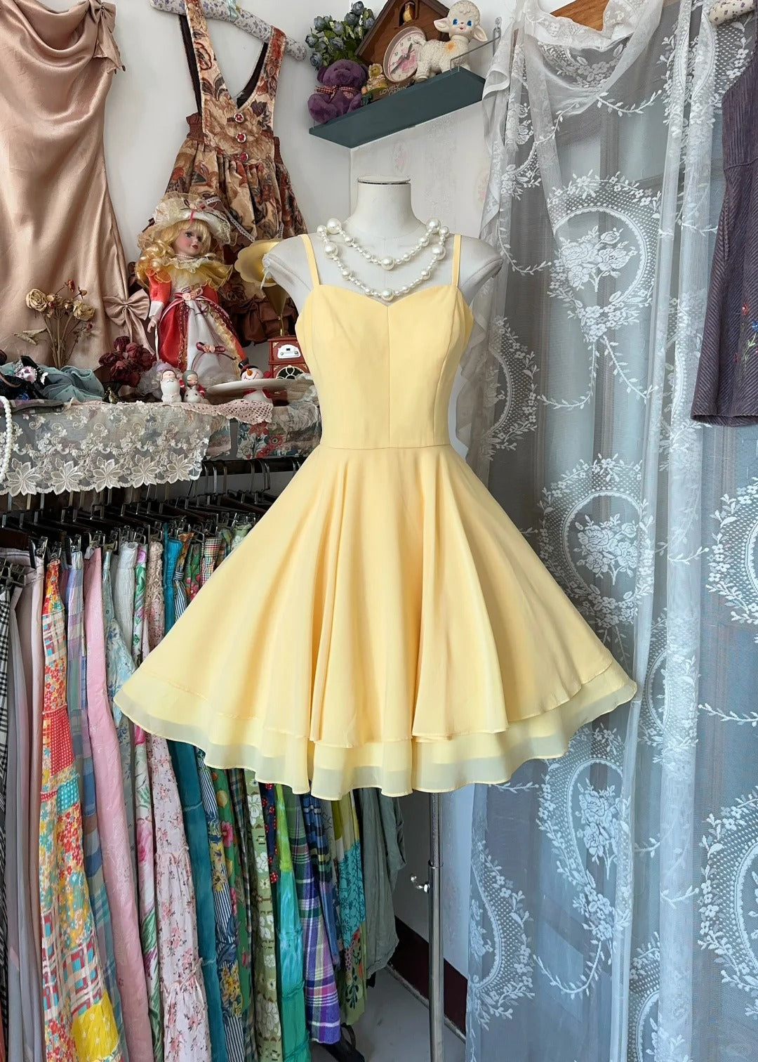 Glam Butter Yellow Spaghetti Strap Chiffon A-Line Evening Gown Homecoming Dress RF0584