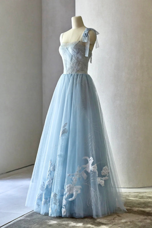 Sweet Sky Blue Square Neck A-Line Tulle Embroidery Applique Prom Dresses Formal Evening Dress RF0587