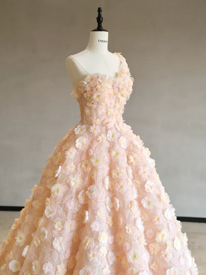 Robe de soirée trapèze en tulle orange à une épaule et appliques tridimensionnelles, tenue de bal de fin d'année, RF0588