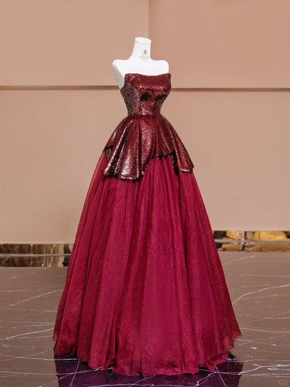Atemberaubende Burgunderrote trägerlose A-Linie Chiffon Pailletten Ballkleider Formelle Abendkleider RF0589