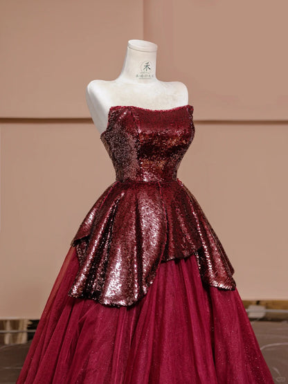 Atemberaubende Burgunderrote trägerlose A-Linie Chiffon Pailletten Ballkleider Formelle Abendkleider RF0589