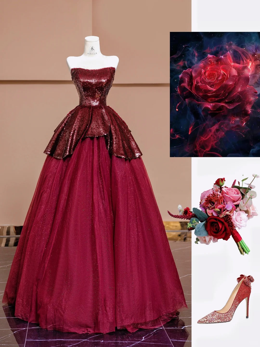 Atemberaubende Burgunderrote trägerlose A-Linie Chiffon Pailletten Ballkleider Formelle Abendkleider RF0589