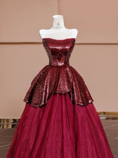 Atemberaubende Burgunderrote trägerlose A-Linie Chiffon Pailletten Ballkleider Formelle Abendkleider RF0589