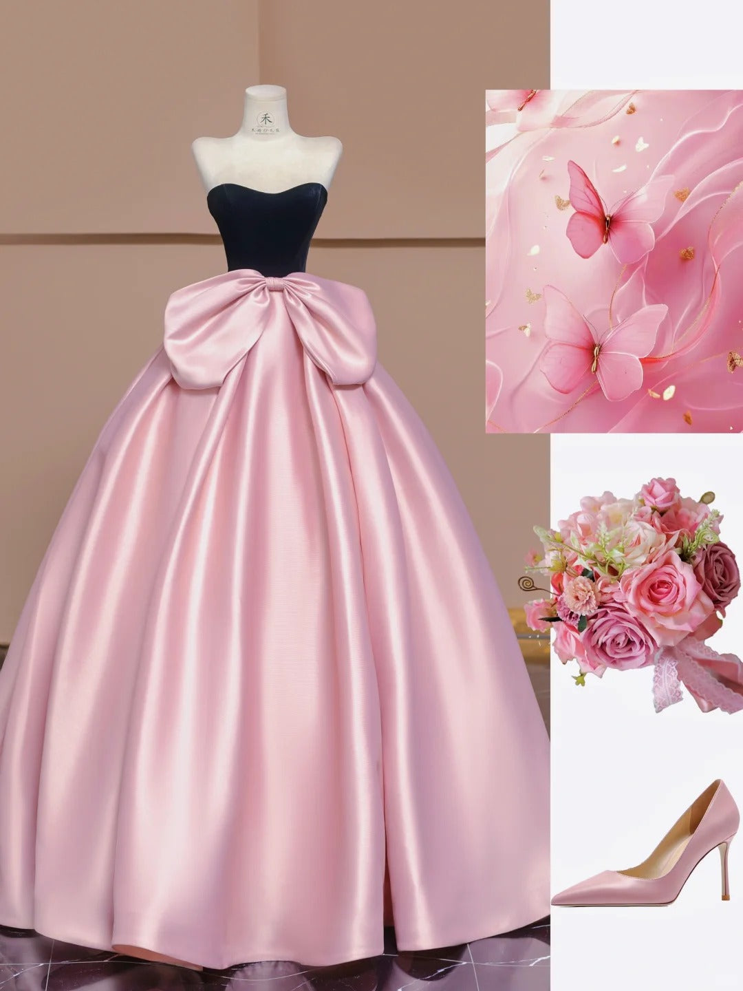 Robe de bal rose bustier en satin et velours, coupe trapèze, tenue de soirée pour les 16 ans, RF0590