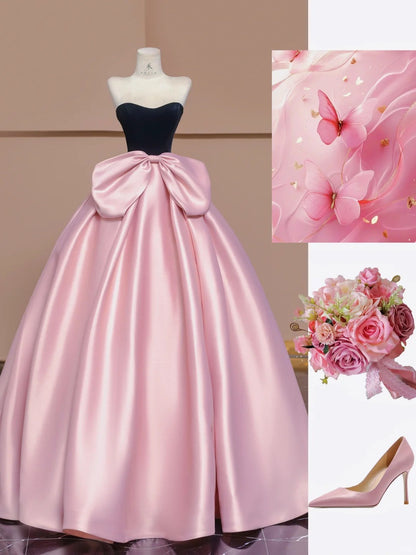 Robe de bal rose bustier en satin et velours, coupe trapèze, tenue de soirée pour les 16 ans, RF0590