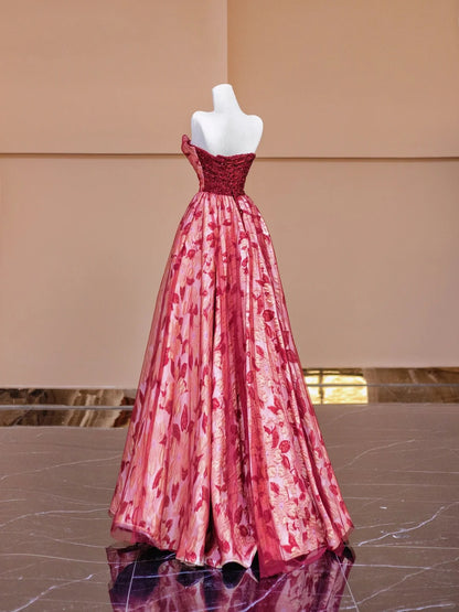 Elegant Red Sweetheart Neck A-Line Jacquard Satin Wedding Dress Formal Evening Gowns RF0591