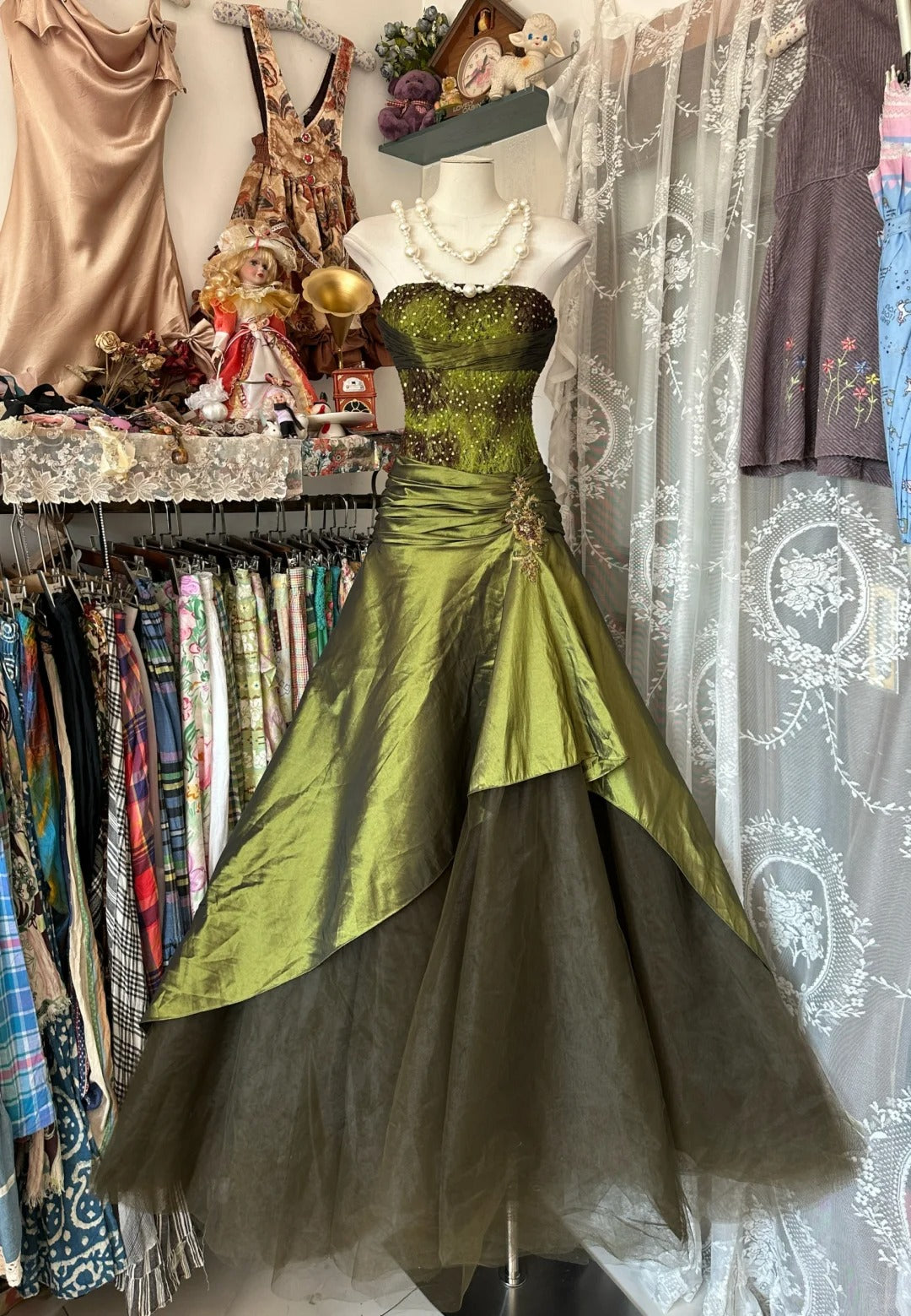 Vintage Green Strapless A-Line Satin Party Dress Evening Gowns RF0592