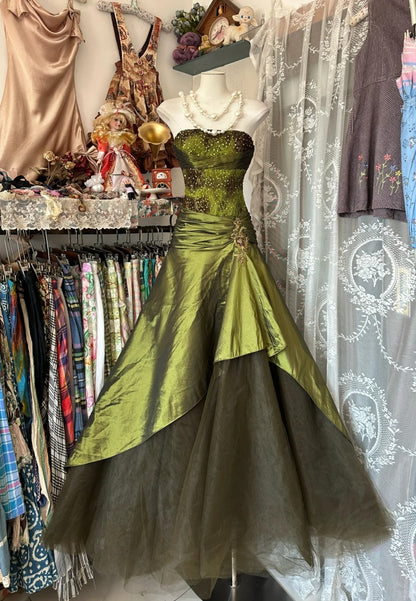 Vintage Green Strapless A-Line Satin Party Dress Evening Gowns RF0592