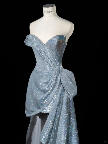 Elegant Silver Sweetheart Neck A-Line Sequins Long Prom Dresses Formal Evening Gowns  RF0593